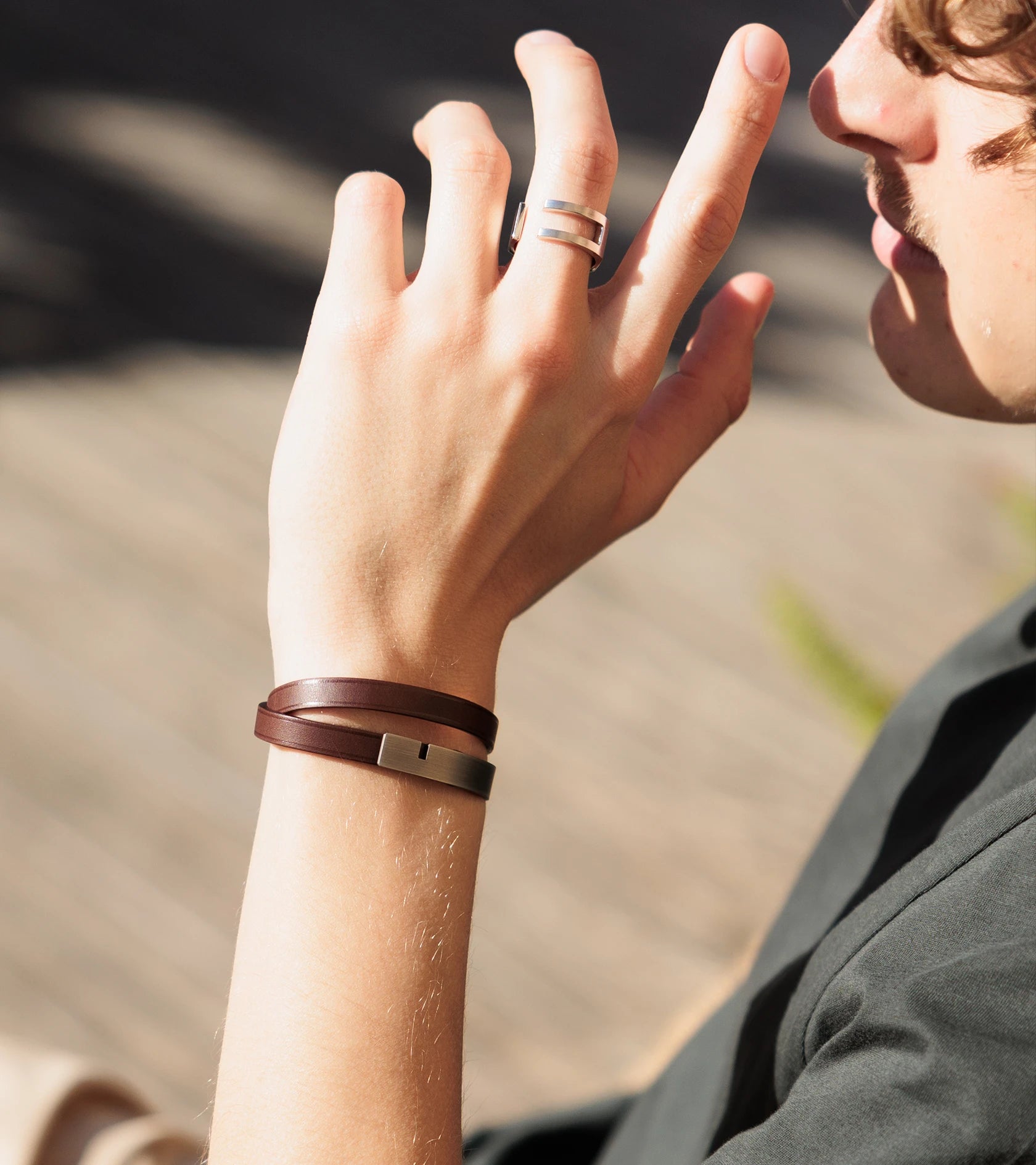 Lifestyle bracelet  homme marron fauve double fermoir demi-jonc gun ursul